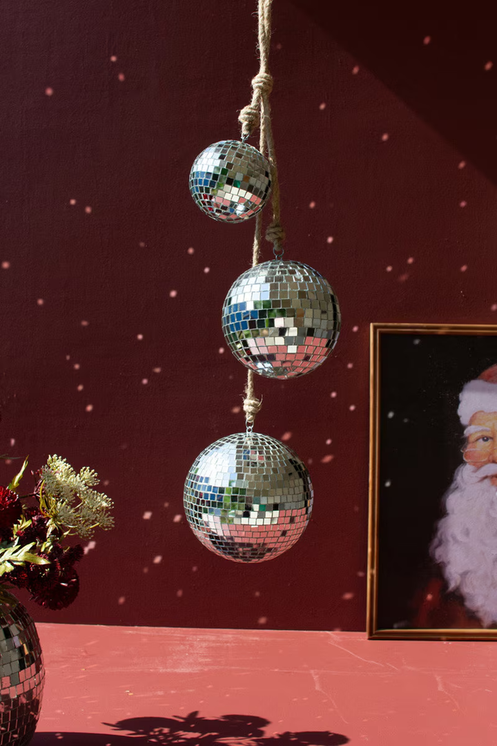 Three Glass Disco Balls on a Jute Rope