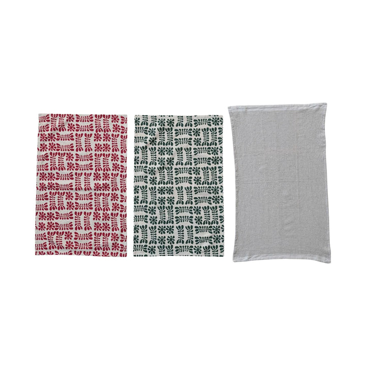 Stonewashed Cotton Printed & Waffle Weave Tea Towels, Set of 3