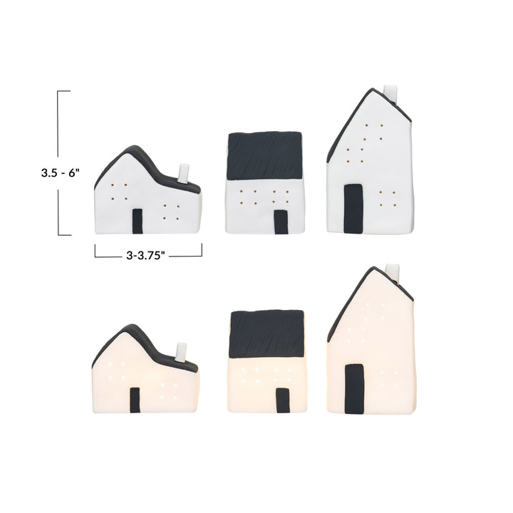 Stoneware LED Houses, White & Black, Set of 3