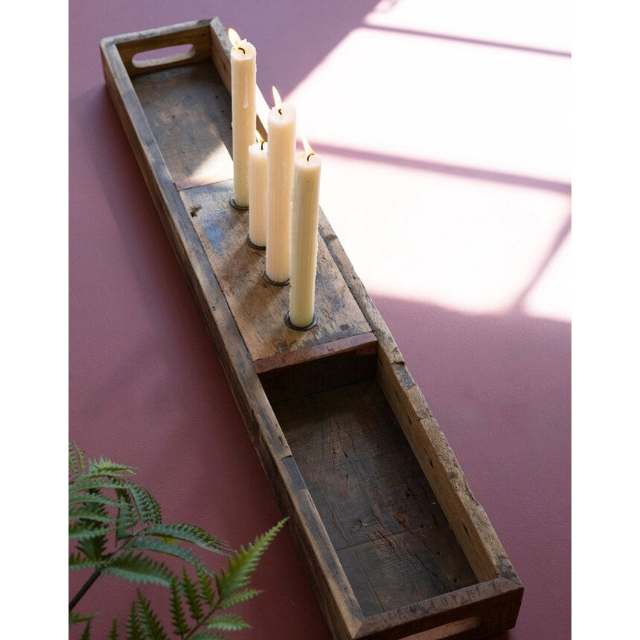 Recycled Wooden Tray with Four Taper Candle Holders