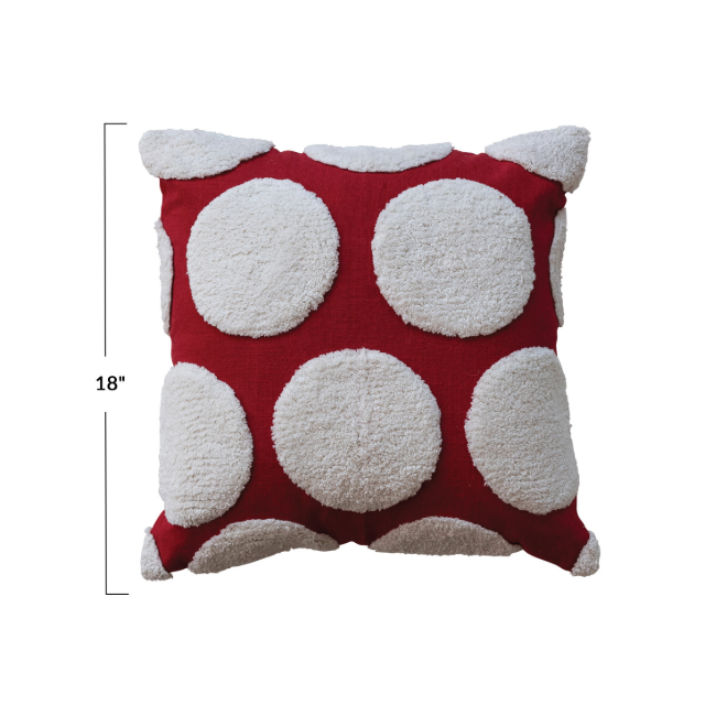 Square Cotton Slub Pillow w/ Tufted Dots, Red & White 18"