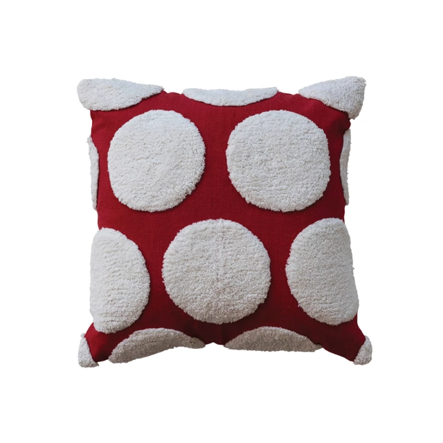 Square Cotton Slub Pillow w/ Tufted Dots, Red & White 18"