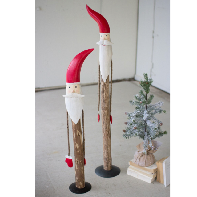 Wood and Painted Metal Santas with Rope Arms