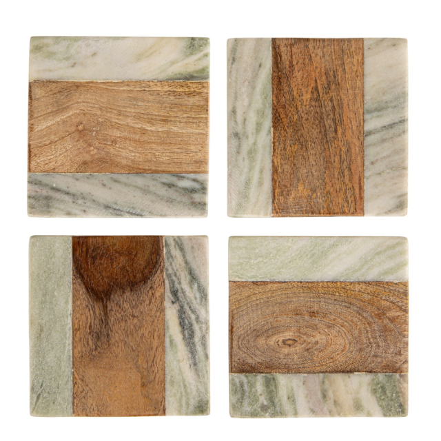 Marble & Wood Coasters, Set of 4 Tied with Jute