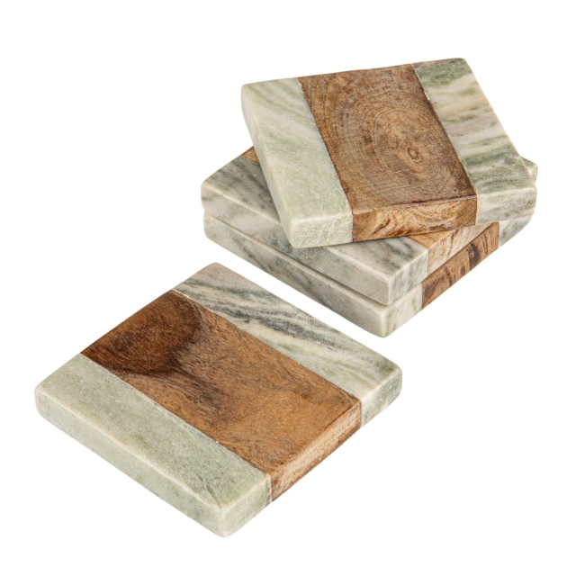 Marble & Wood Coasters, Set of 4 Tied with Jute