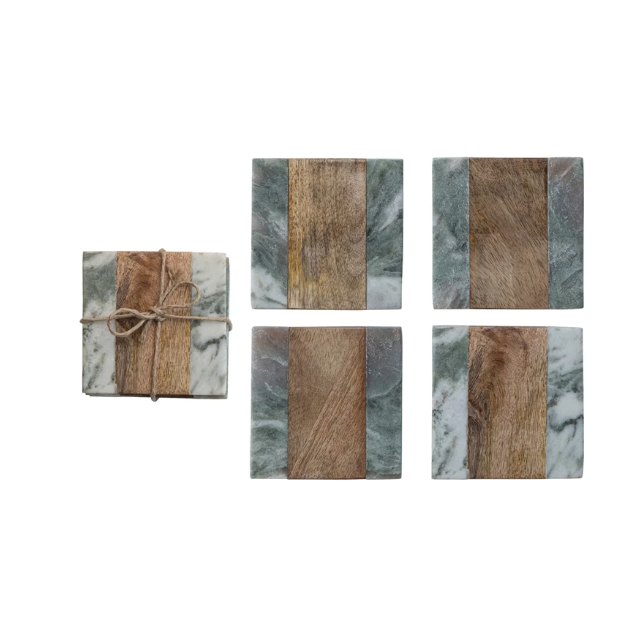Marble & Wood Coasters, Set of 4 Tied with Jute