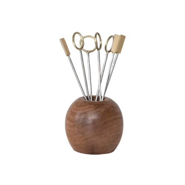 Mango Wood Holder w/ (8) Stainless Steel & Brass Appetizer Picks, Set of 9