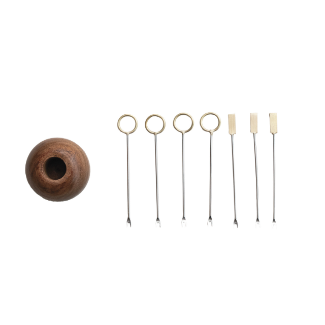 Mango Wood Holder w/ (8) Stainless Steel & Brass Appetizer Picks, Set of 9