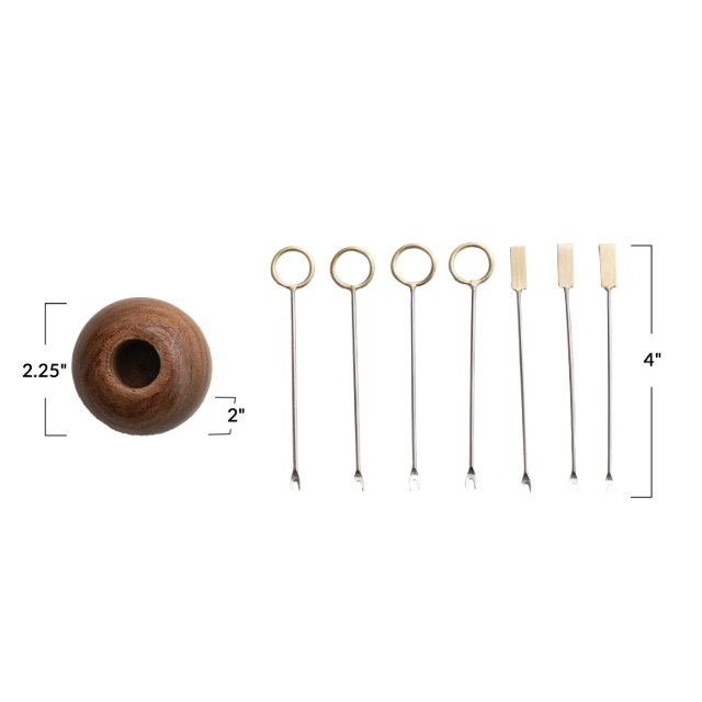 Mango Wood Holder w/ (8) Stainless Steel & Brass Appetizer Picks, Set of 9