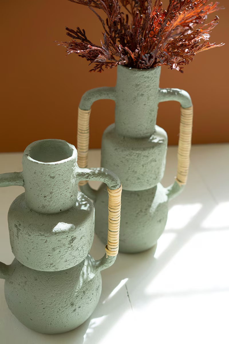 Mint Paper Mache Vase with Cane Wrapped Handles - LG