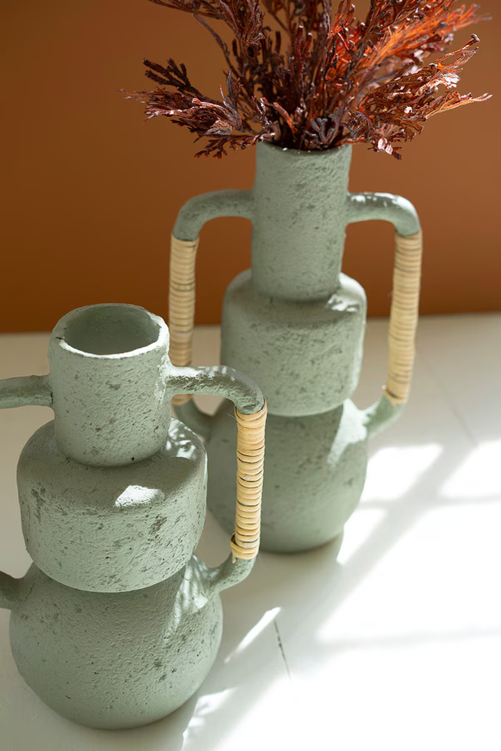 Mint Paper Mache Vase with Cane Wrapped Handles - LG