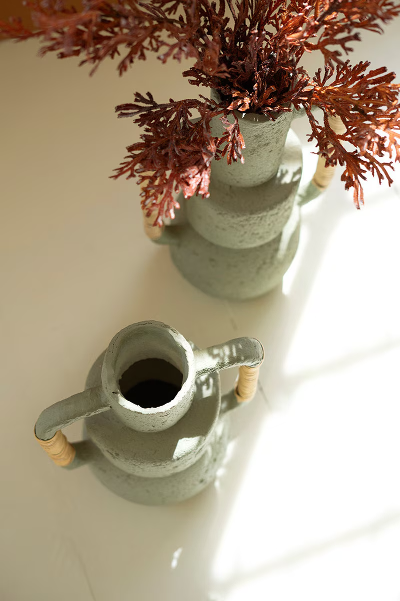 Mint Paper Mache Vase with Cane Wrapped Handles - LG