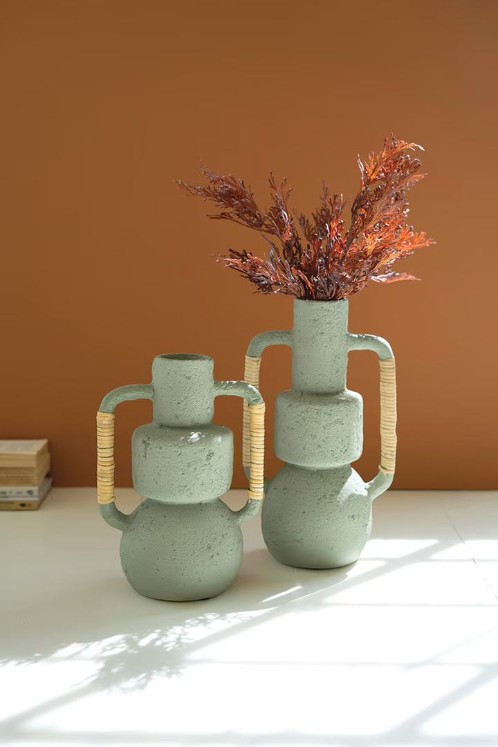 Mint Paper Mache Vase with Cane Wrapped Handles - LG