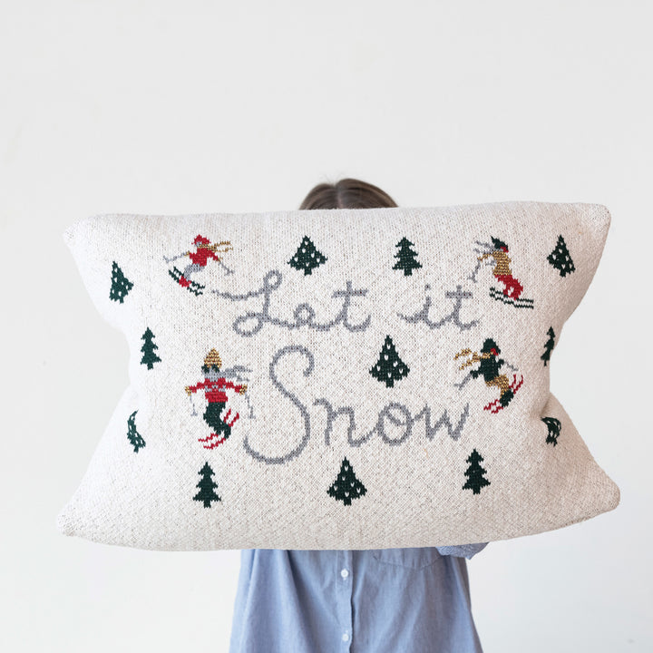 Cotton Knit Lumbar Pillow w/ Trees & Skiers "Let it Snow", Multi Color