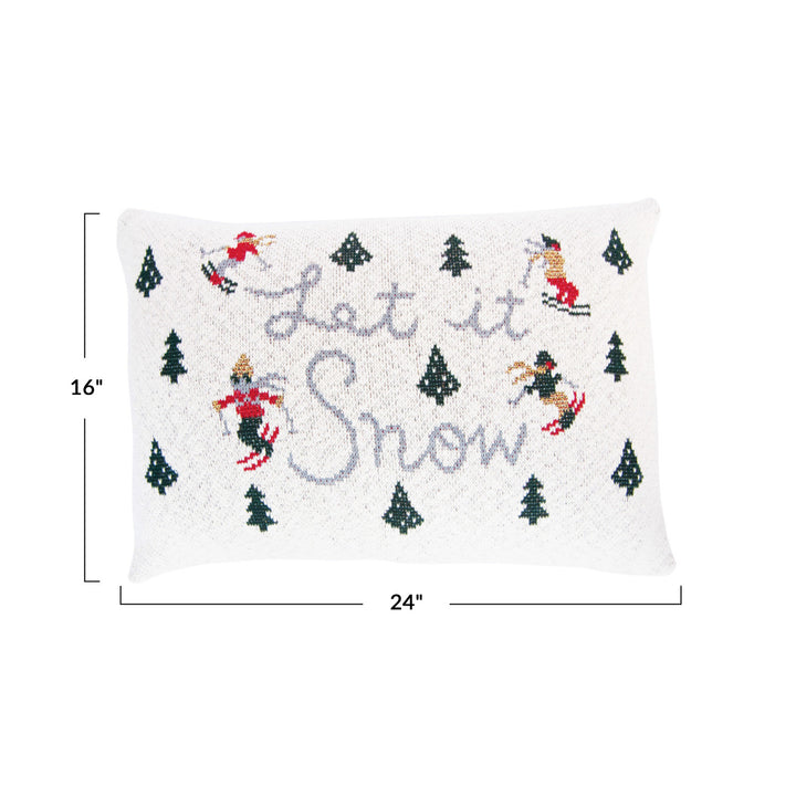 Cotton Knit Lumbar Pillow w/ Trees & Skiers "Let it Snow", Multi Color