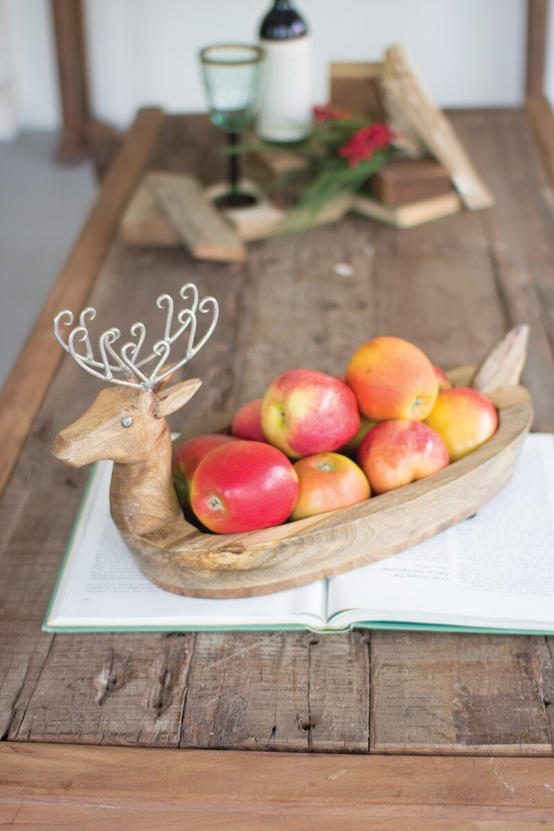 Hand-Carved Mango Wood Reindeer Bowl with Metal Antlers