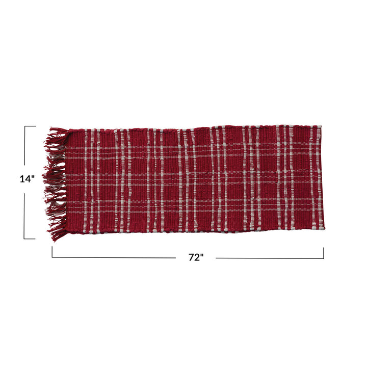 Hand-Woven Cotton Chindi Table Runner w/ Fringe, Red & White Plaid