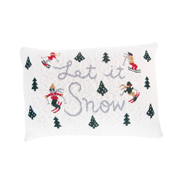 Cotton Knit Lumbar Pillow w/ Trees & Skiers "Let it Snow", Multi Color