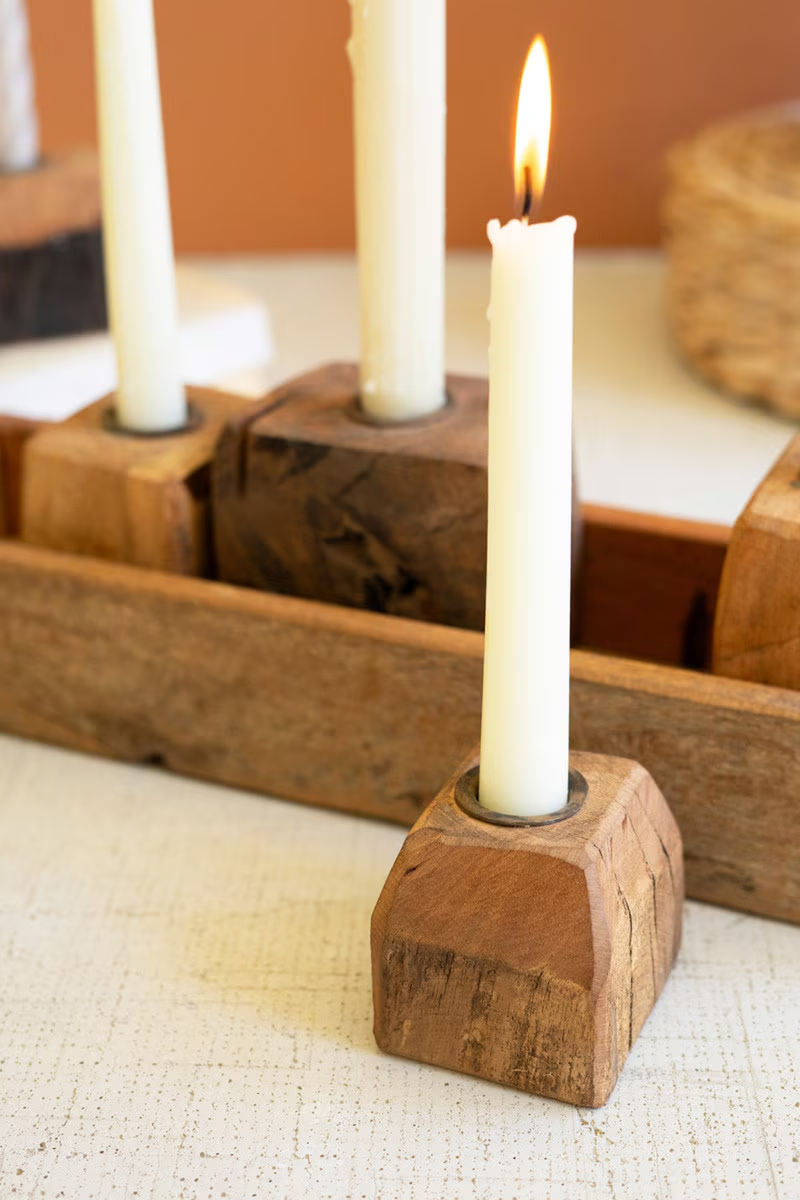 Five Recycled Wood Taper Candle Holders in a Wooden Tray