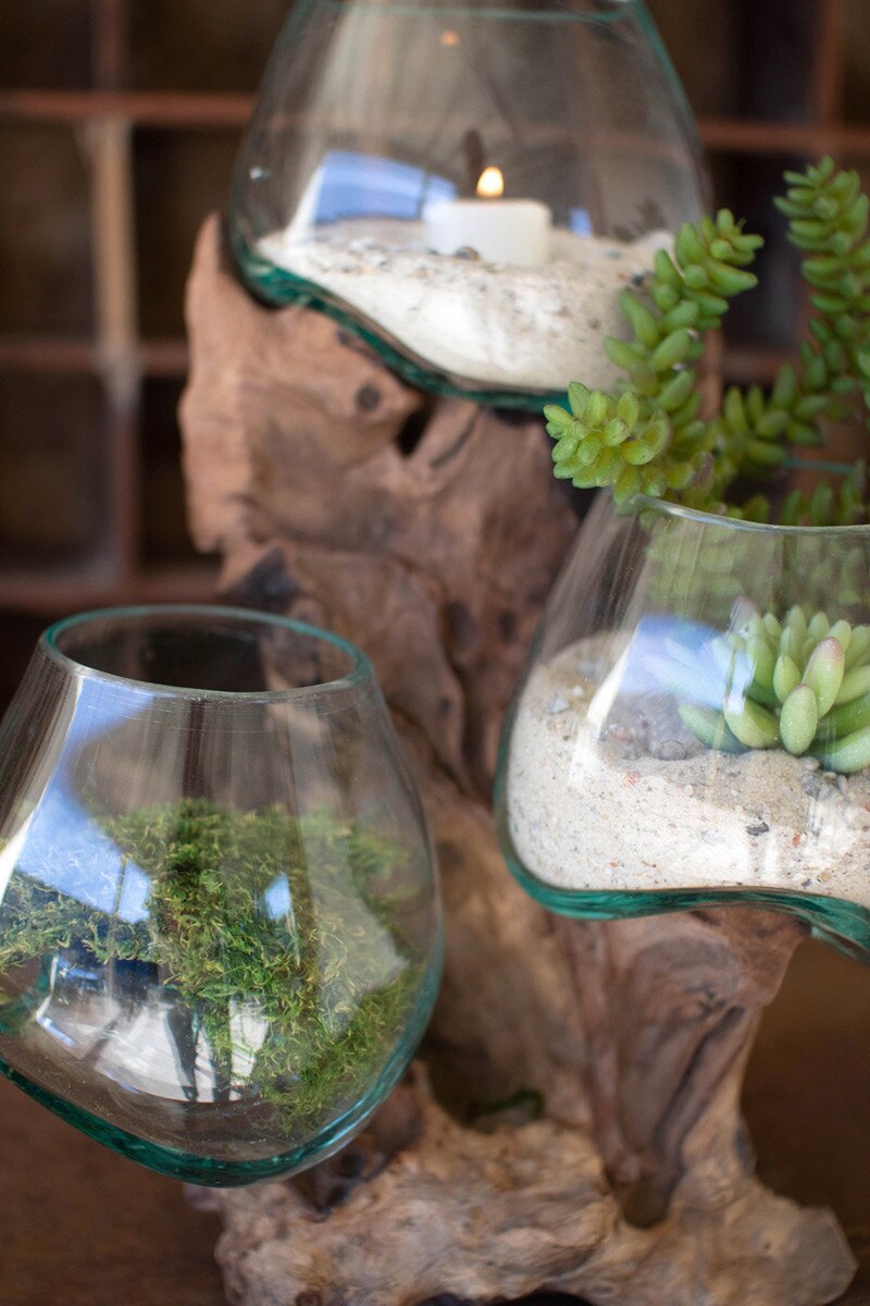 Three Blown Glass Bowls on a Driftwood Base