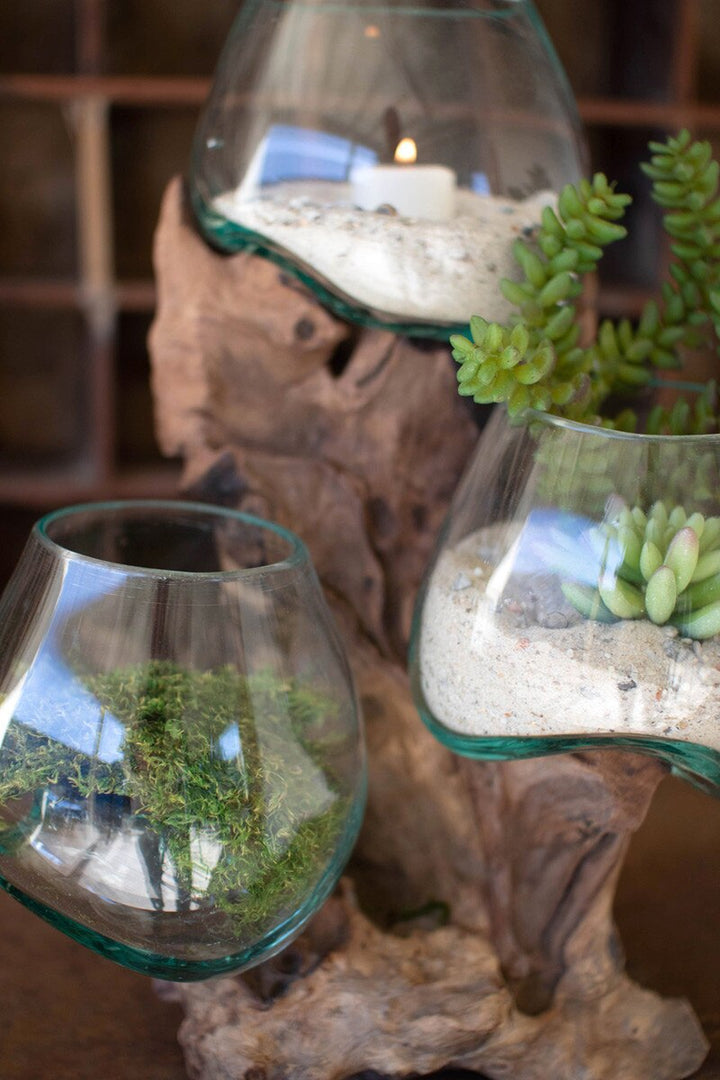 Three Blown Glass Bowls on a Driftwood Base