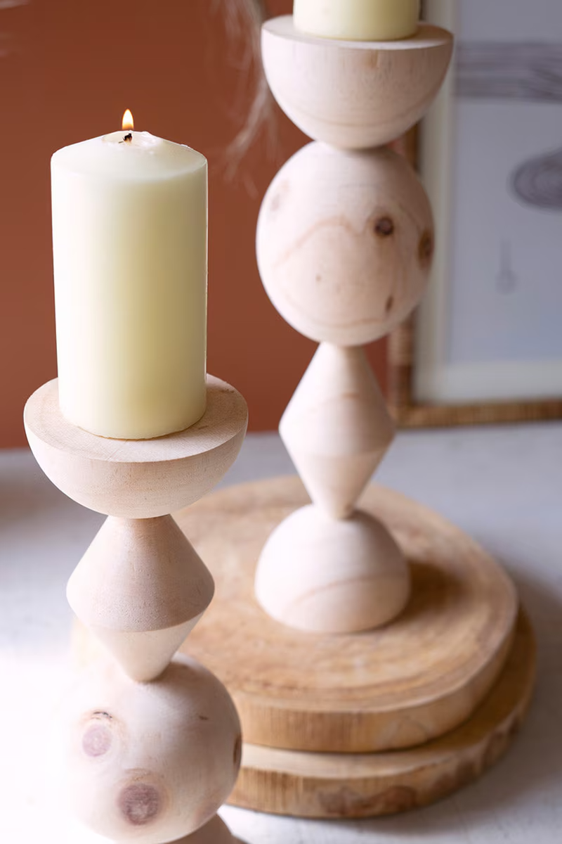 Set of 2 Turned Wood Candle Towers