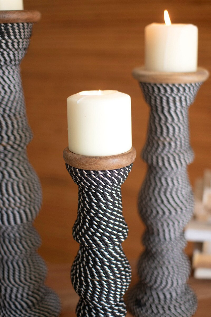 Set 3 Wooden Candle Holders Wrapped with Black & White String