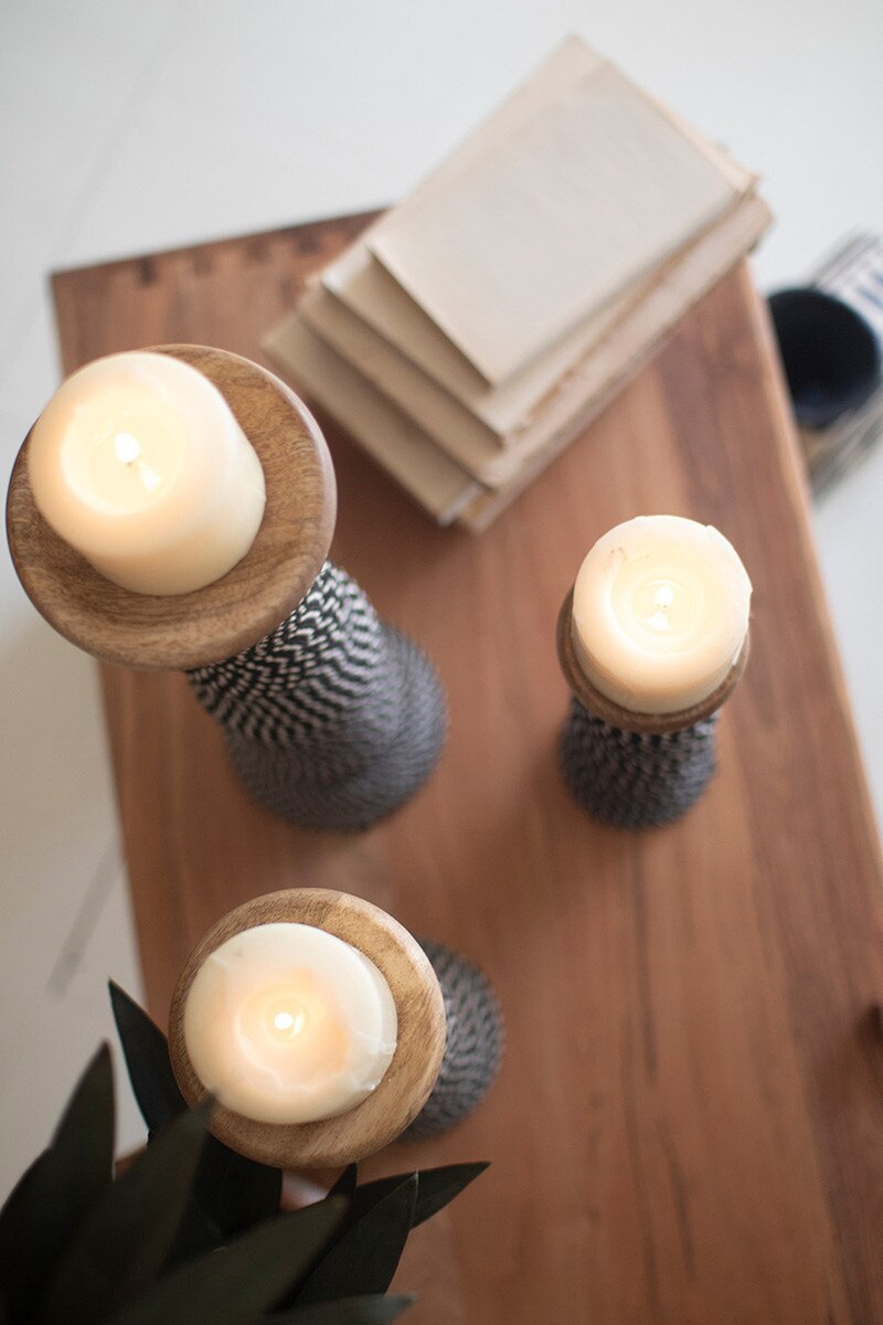 Set 3 Wooden Candle Holders Wrapped with Black & White String