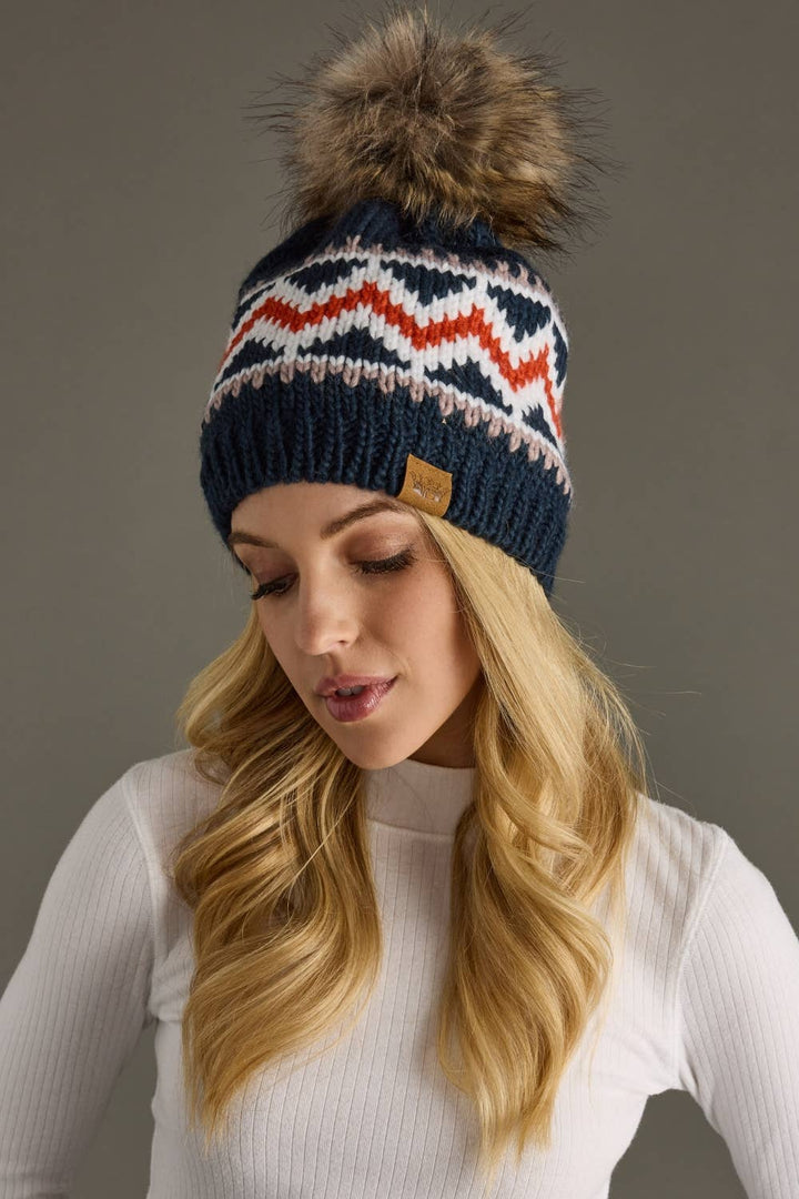 Dk. Navy, Red & White Patterned Pom Hat