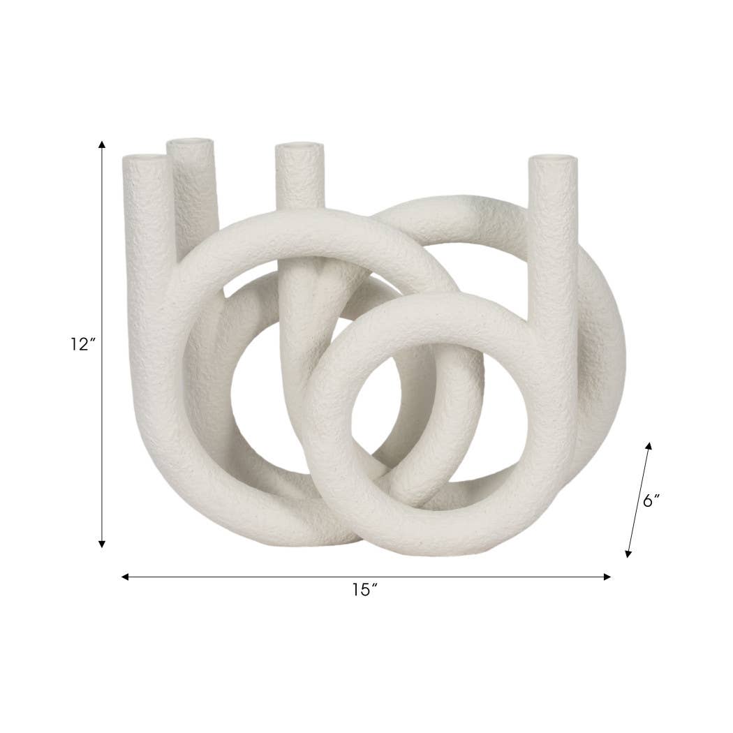 Candle Holder - White Polyresin Twisted Ring 4-Taper, 12 in.