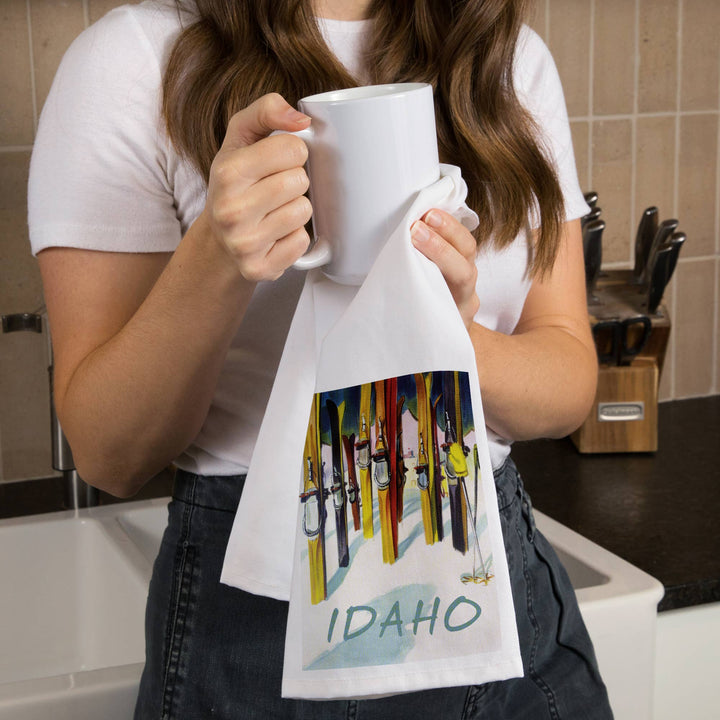 Organic Tea Towel - Idaho, Colorful Skis: Organic Tea Towel