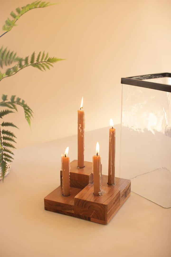 Large Glass Hurricane with a Four Taper Holder Wood Base