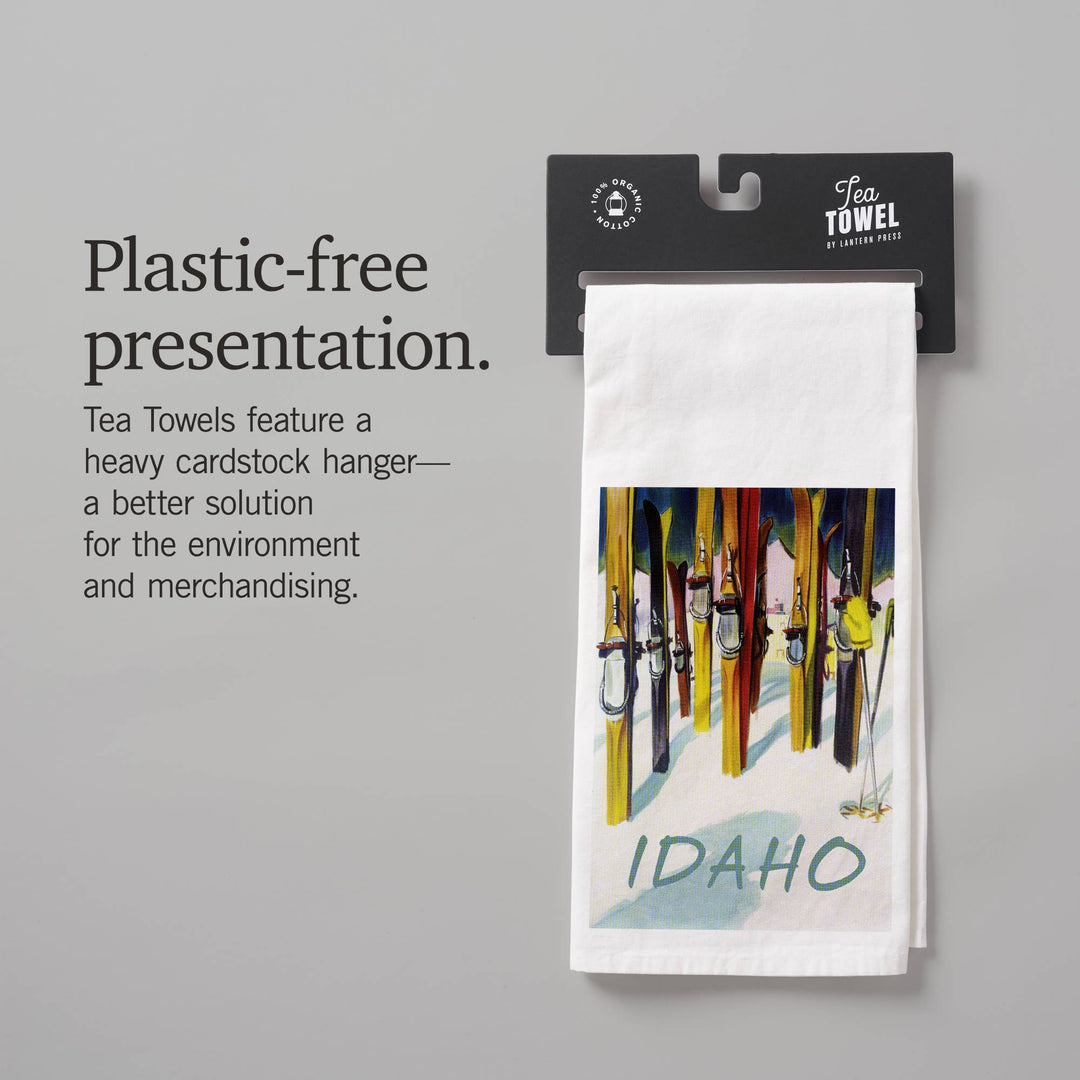 Organic Tea Towel - Idaho, Colorful Skis: Organic Tea Towel
