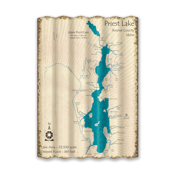 Priest Lake, Idaho - Corrugated Metal Wall Art: Corrugated Aluminum / 22.25" x 31.5"