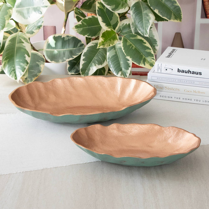 Set of 2 Turquoise Copper Metal Decorative Oval Bowls