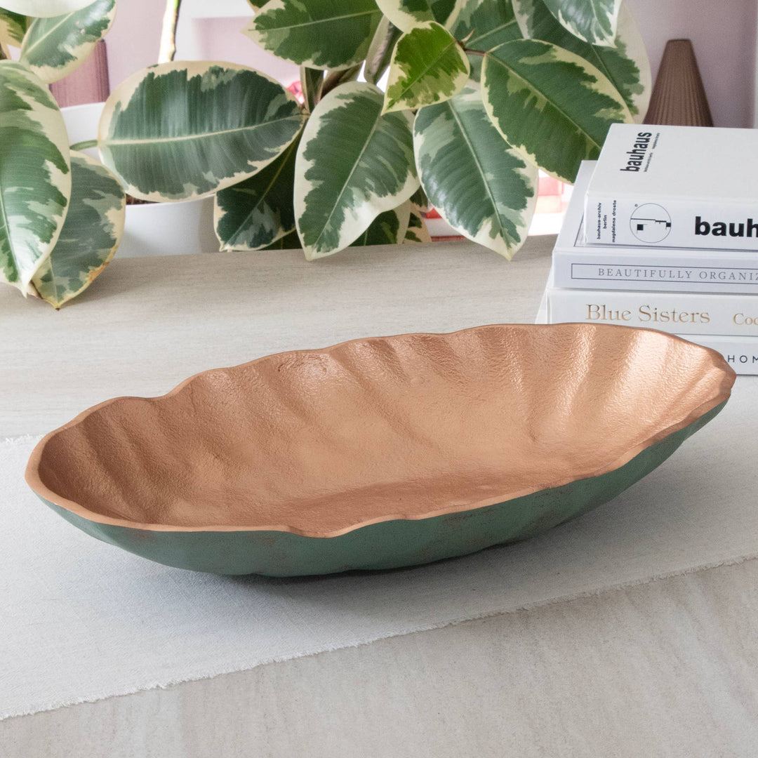 Set of 2 Turquoise Copper Metal Decorative Oval Bowls