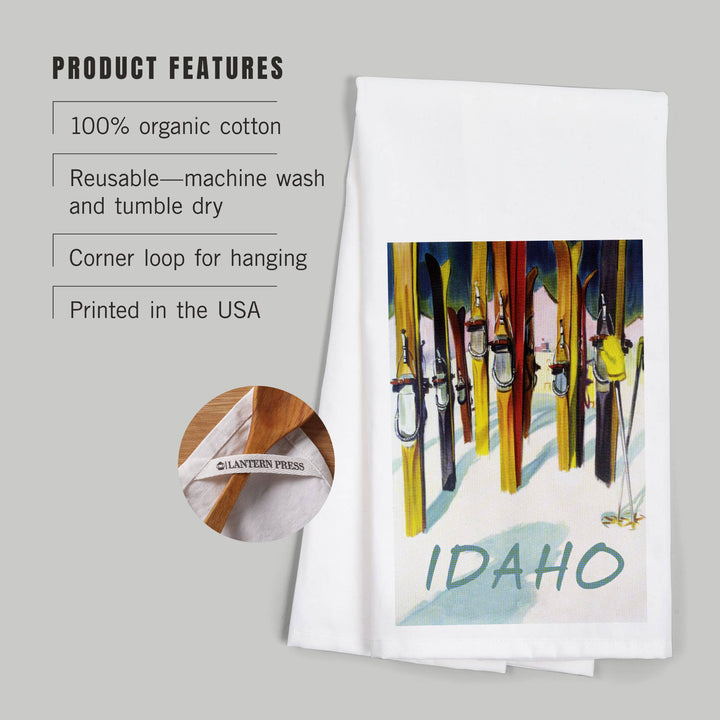 Organic Tea Towel - Idaho, Colorful Skis: Organic Tea Towel