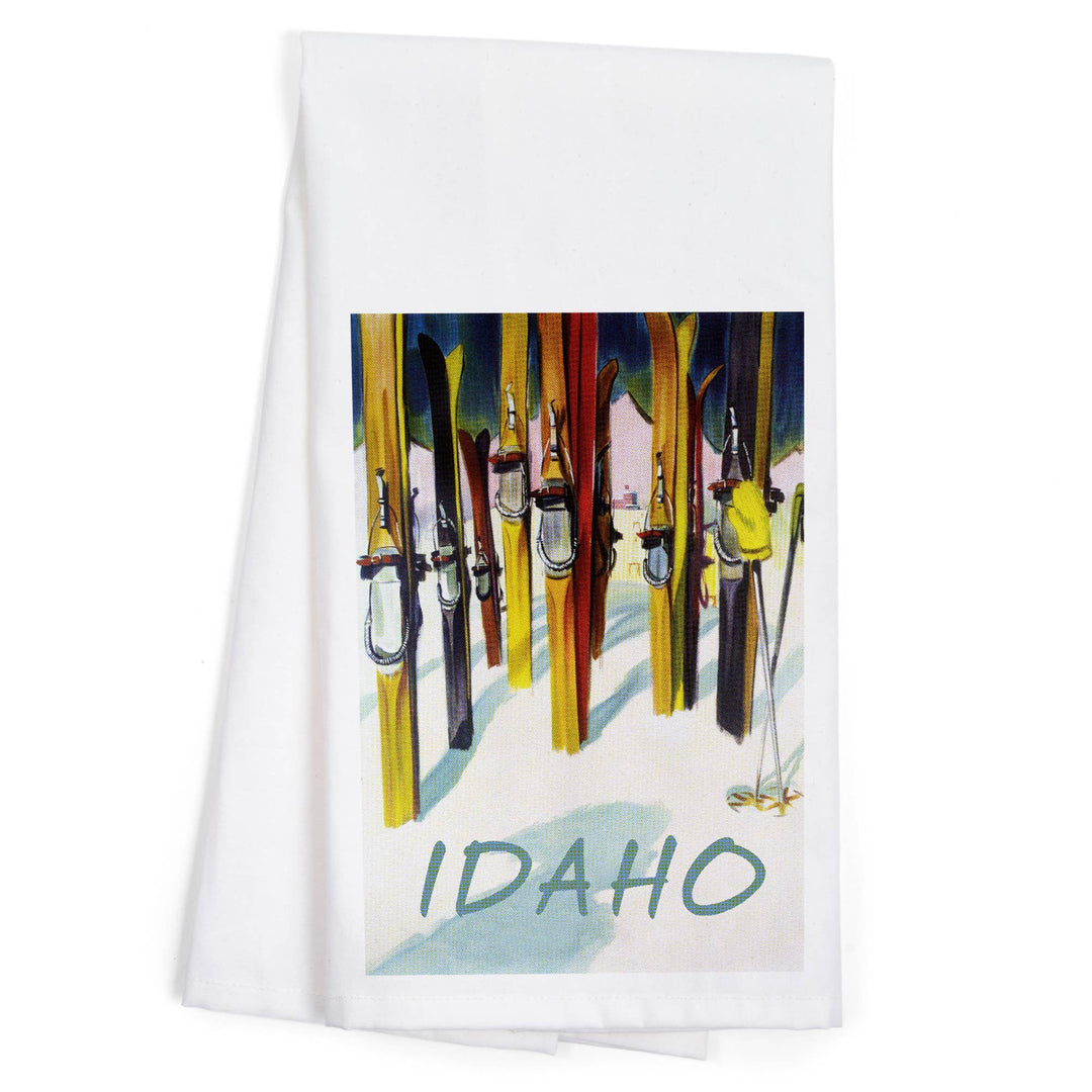 Organic Tea Towel - Idaho, Colorful Skis: Organic Tea Towel