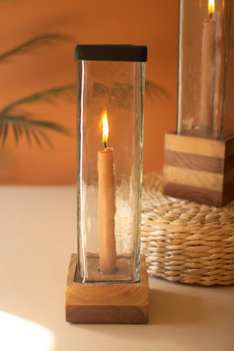 Set of 2 Square Glass and Wood Taper Candle Holders