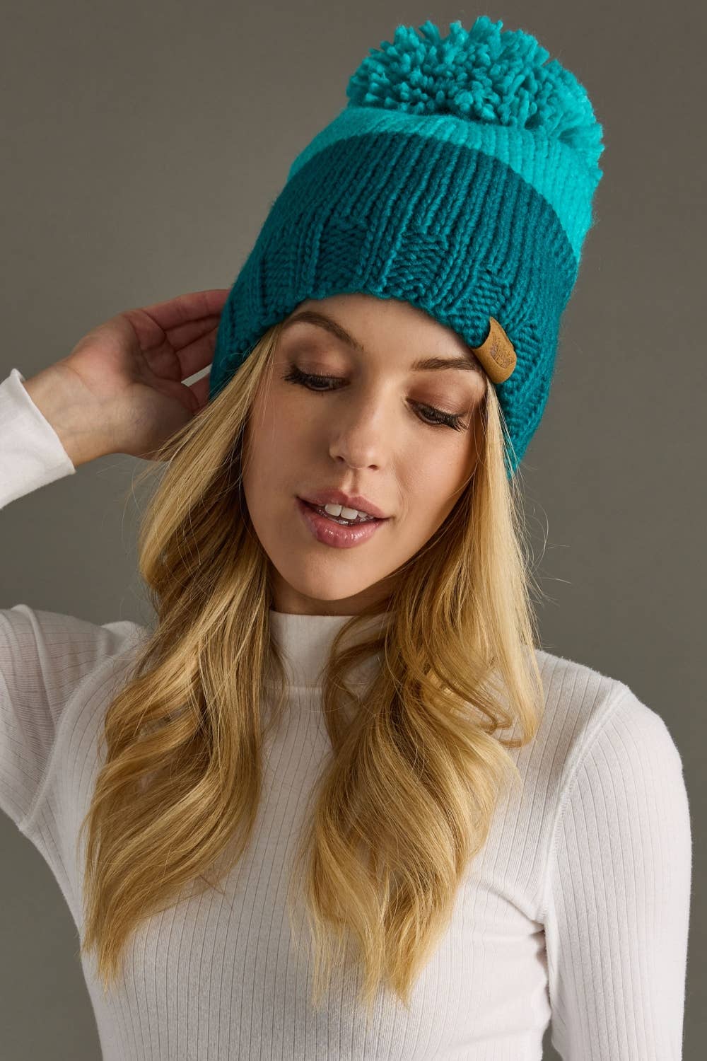 Teal & Dk. Teal Color Block Pom Hat