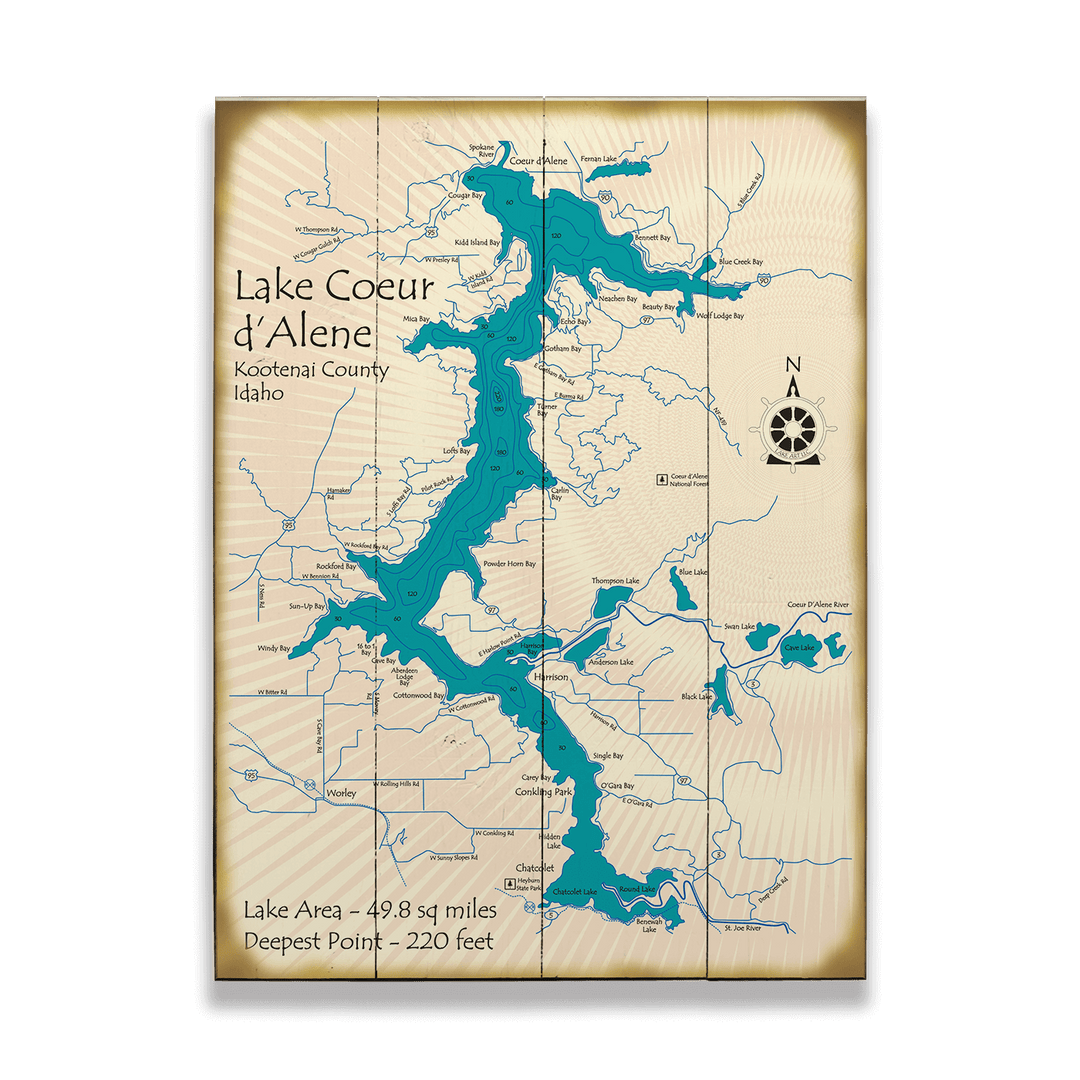 Lake Coeur d'Alene, Idaho - Wood & Metal Wall Art: Wood / 28" x 38"