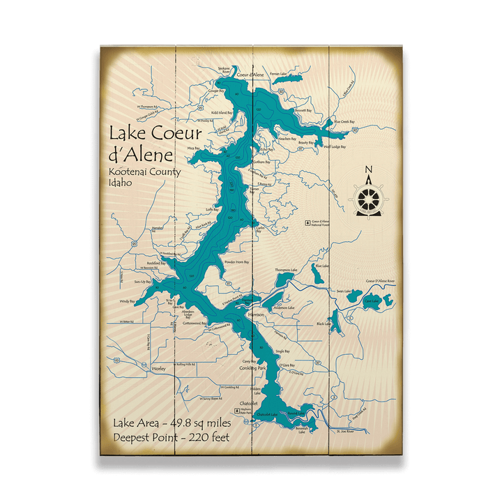 Lake Coeur d'Alene, Idaho - Wood & Metal Wall Art: Wood / 28" x 38"