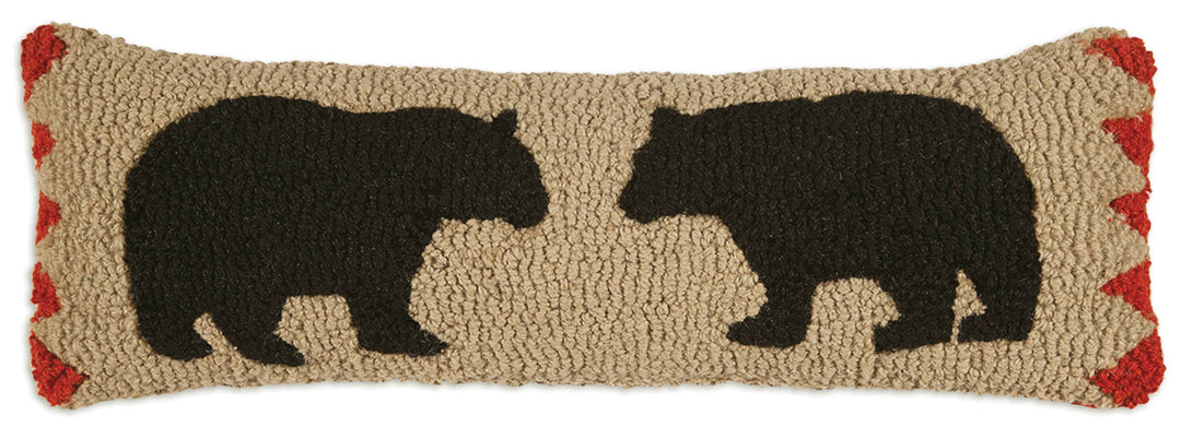 Two Black Bears on Beige Hooked Wool Pillow