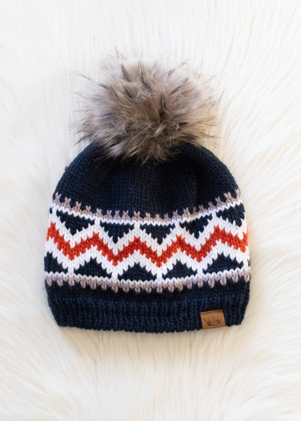 Dk. Navy, Red & White Patterned Pom Hat