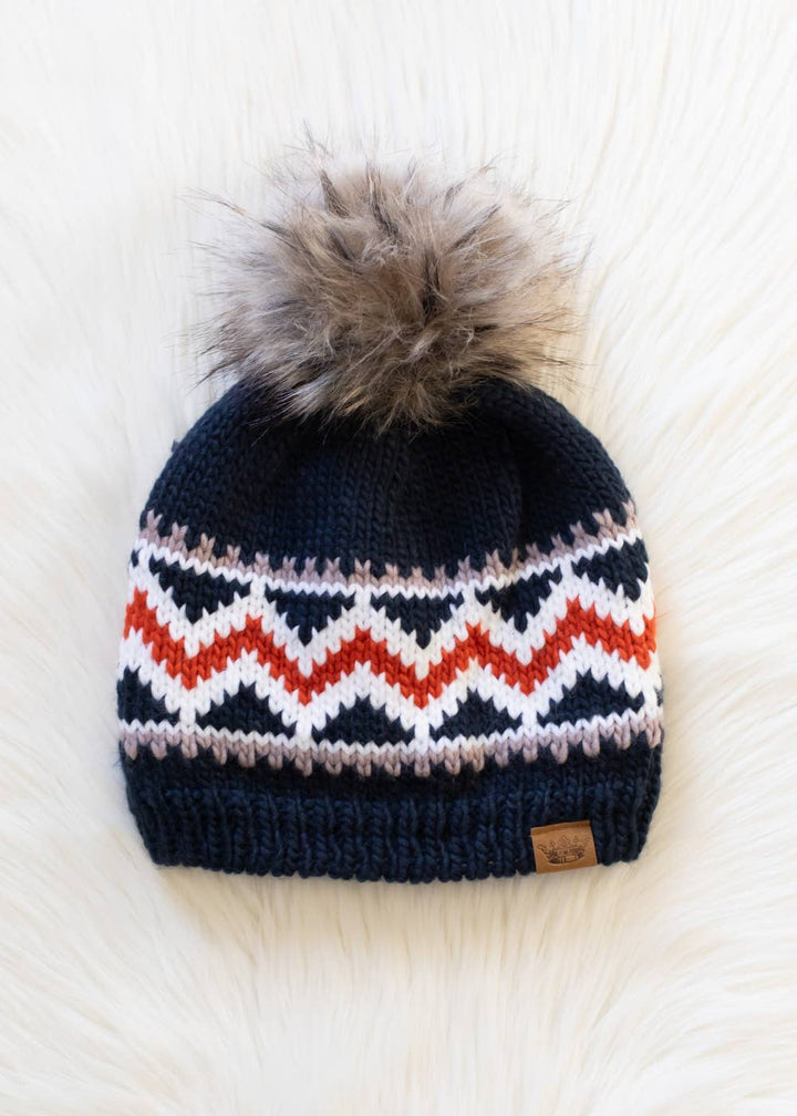 Dk. Navy, Red & White Patterned Pom Hat