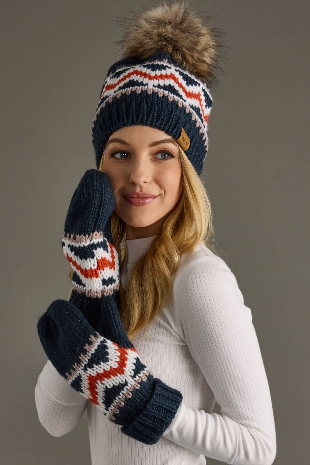 Dk. Navy, Red & White Patterned Pom Hat