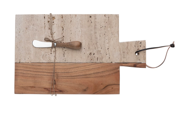 Travertine & Acacia Wood Cheese Board  & Canape Knife