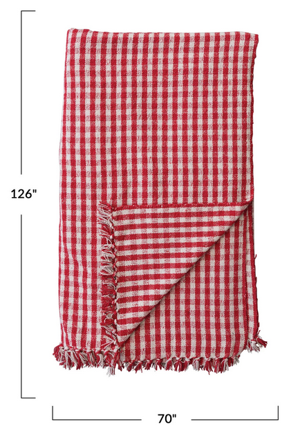 Woven Recycled Cotton Blend Red Tablecloth w/ Fringe