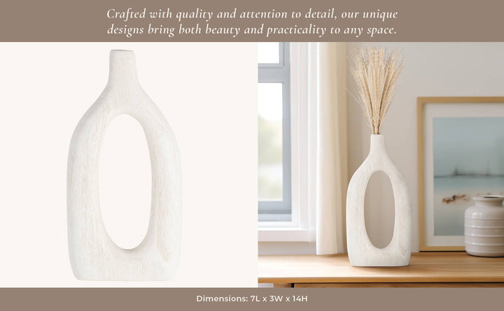 Paulownia Wood Abstract Cut-Out Vase - White, 14 in.