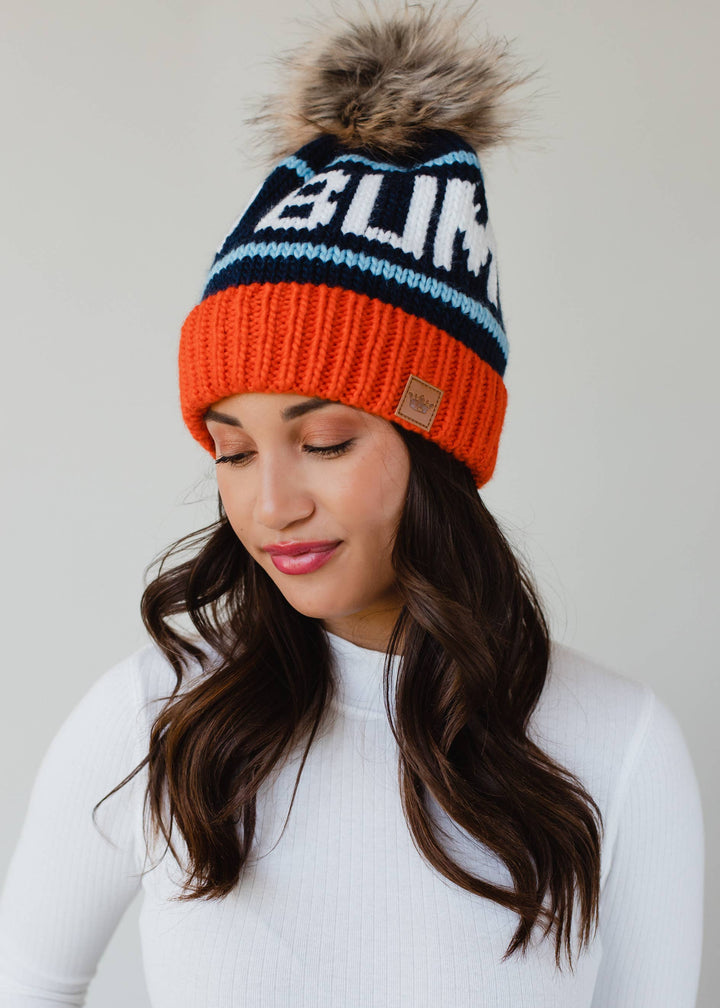 Orange, Navy & Lt. Blue Ski Bum Pom Hat